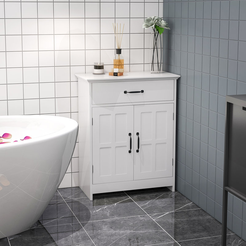 Armoire de salle de bain moderne avec 2 portes, tiroir de rangement et tablette réglable, blanc