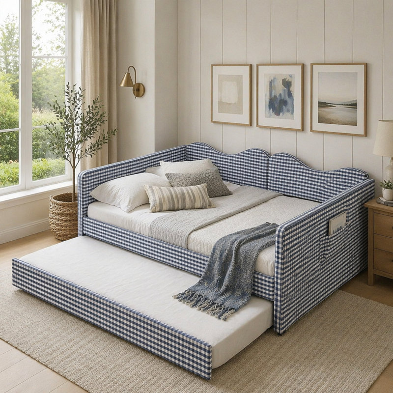 Lit de jour rembourré polyvalent en vichy 3 en 1 avec lit gigogne escamotable et poche de rangement latérale, Full / Double