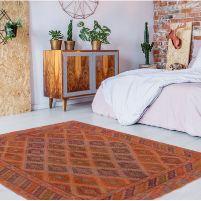 Tapis orange brûlé noué à la main de conception unique 4 pi 9 po x 6 pi 0 po Joevani