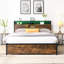 Base de lit plateforme pleine grandeur en métal avec tête de lit en bois et pied de lit USB, station de charge, 2 tiroirs, rangement, lumières DEL, aucun sommier requis, assemblage facile-1399815540