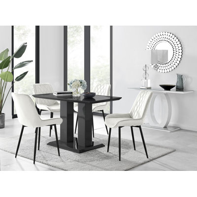 Edzard Double Pedestal High Gloss Dining Table Set with 4 Luxury Velvet Dining Chairs