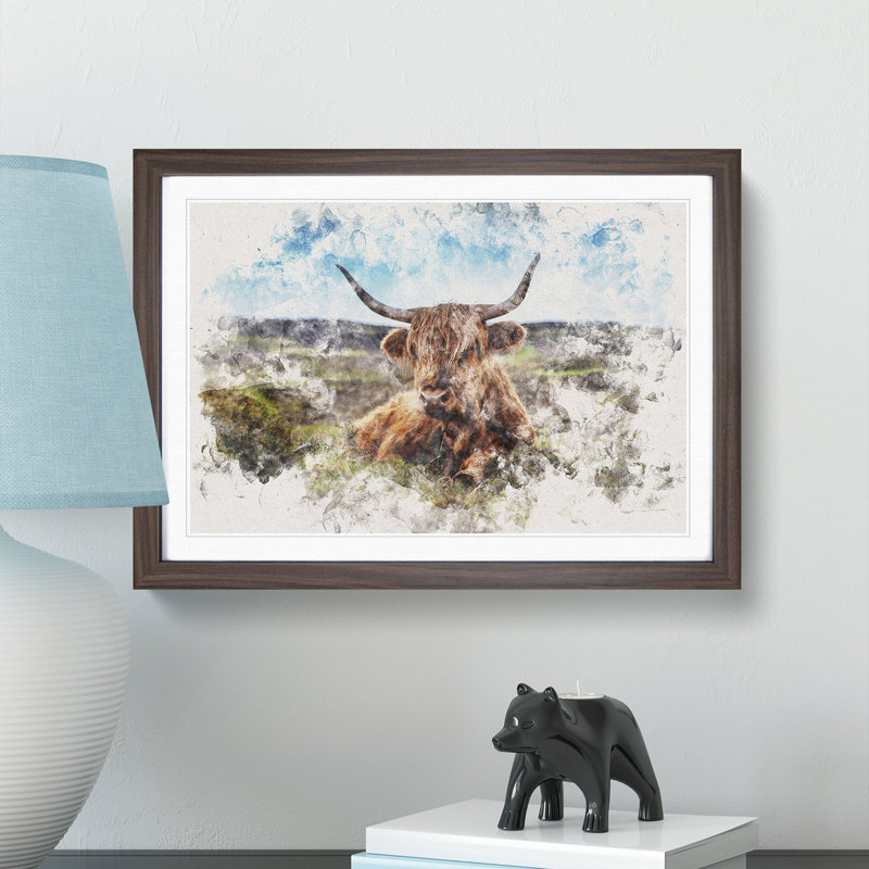 A Resting Highland Cow Watercolour - Single Picture Frame Print on MDF, 40cm H x 60cm W x 2cm D, Walnut Framed