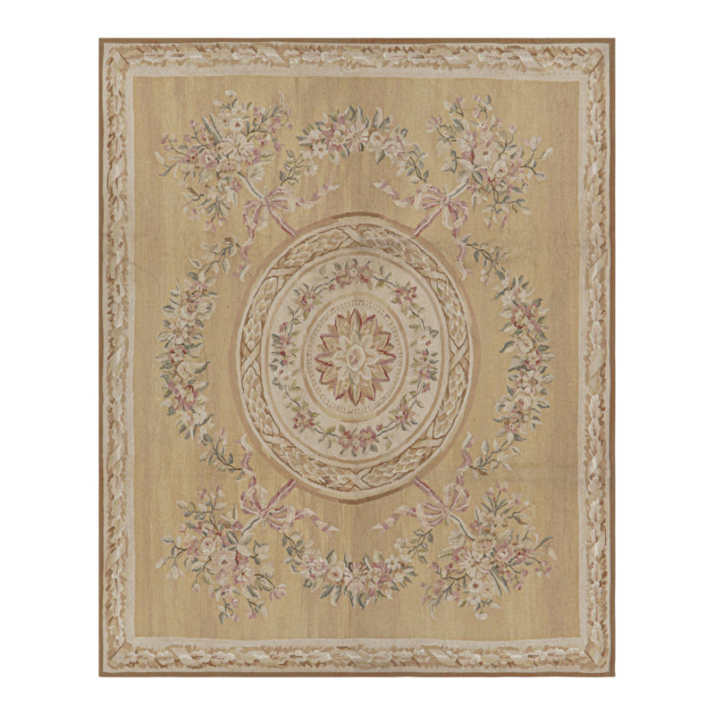Rug & Kilim’S Aubusson Style Rug In Gold And Beige With Floral Medallion