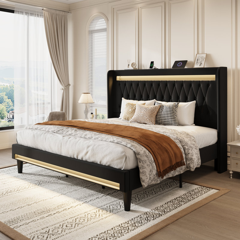 Modern Diamond-Tufted Upholstered Bed Frame With RGB LED Lights, USB Charging Ports & Wingback Headboard, Black, King