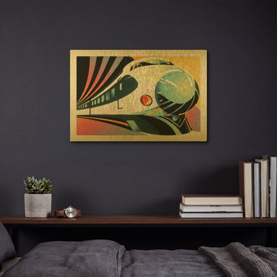 «Japanese High Speed Train» par David Chestnutt, art mural en métal doré, 16 po x 12 po