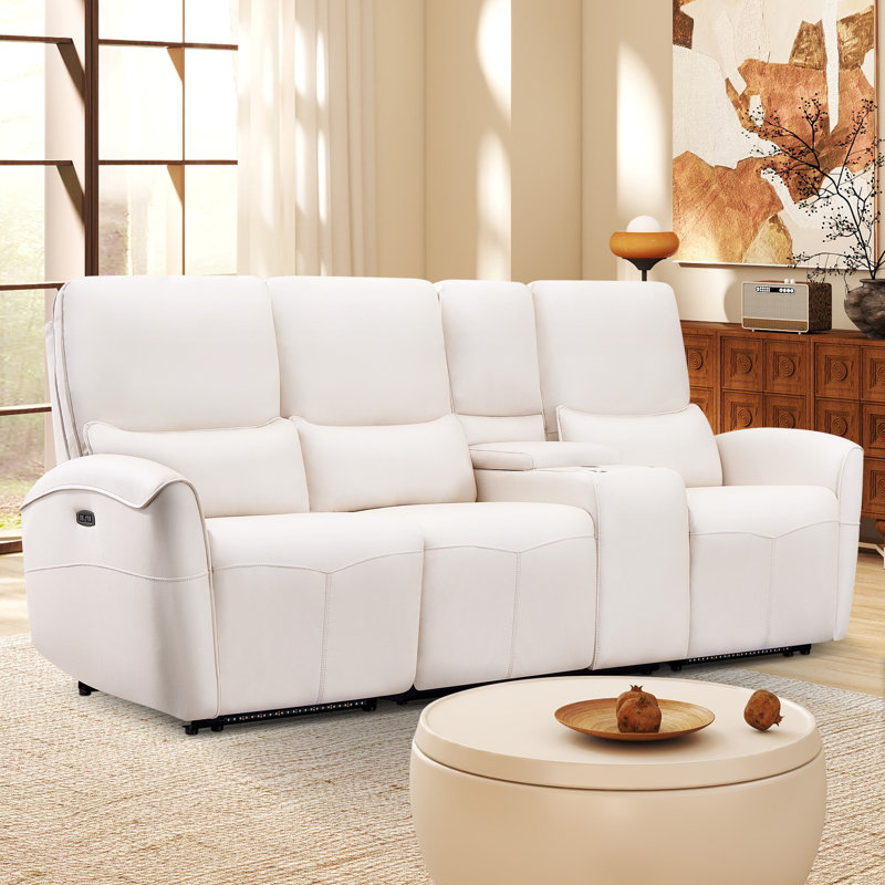 Canapé inclinable électrique en microfibre de 93,6 po de largeur avec oreillers lombaires et console centrale, White