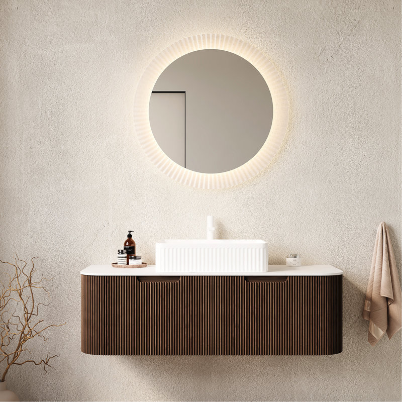 Meuble-lavabo 48 po, lavabo en céramique blanche, finition rayée noyer foncé 3D, 2 tiroirs, grand espace de rangement, système de fermeture en douceur, pré-assemblé