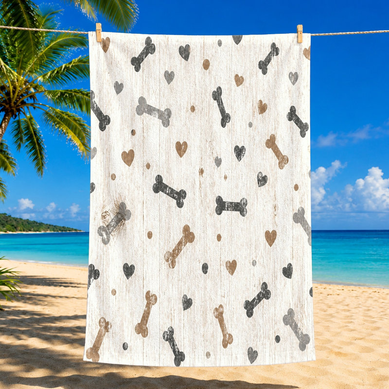 Serviette 1 pièce à motif os et cœur de chien, avec des impressions ludiques sur un fond en bois vieilli. Grande microfibre absorbante, idéale pour la plage, la piscine, la salle de sport, les voyages et les amoureux des animaux.