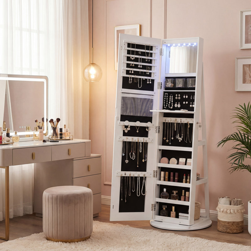 LED Mirror Jewelry Cabinet Standing, Lockable Jewelry Armoire with Full-Length Mirror and Adjustable LED Lights, White