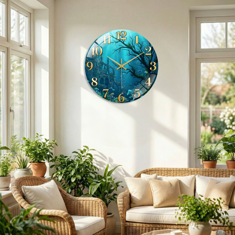 «Underwater Fantasy», horloge murale décorative moderne en verre 23,6 po, 60 x 60 cm (23,6 x 23,6 pouces)