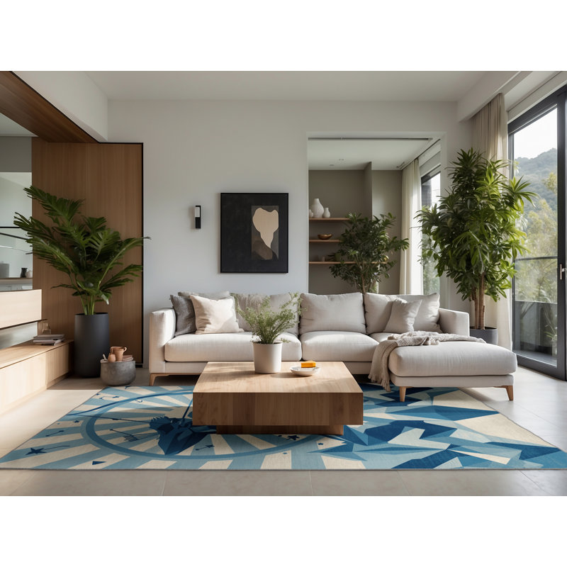 Tapis bleu moelleux moelleux à motif géométrique d'inspiration mondiale Evart, 4 x 6