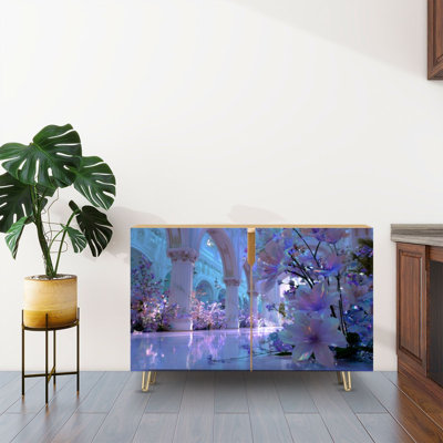 Sideboard Buffet Cabinet with Storage Iridescent Glass Flowers Luminous Garden Soft Light Reflections with 2 Doors for Living Room and Kitchen