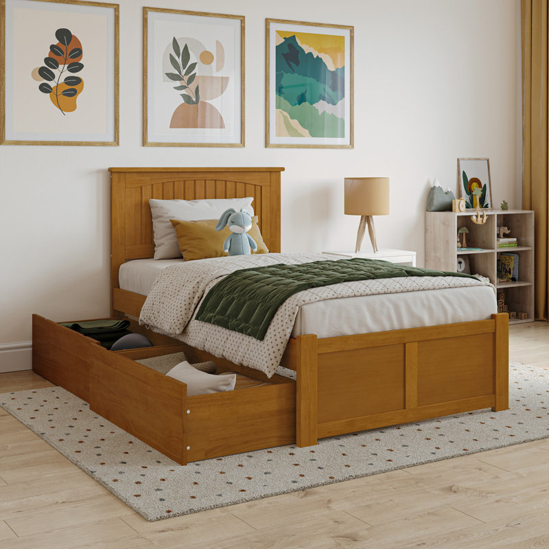 Nantucket Solid Wood Platform Bed with Panel Footboard and Storage Drawers, Light Toffee, Twin
