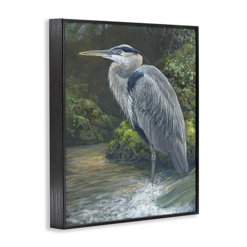 Héron bleu au bord de l'eau, estampe numérique par Laura Mark-Finberg, Giclée encadrée noir minuit, H 20 po x l 16 po