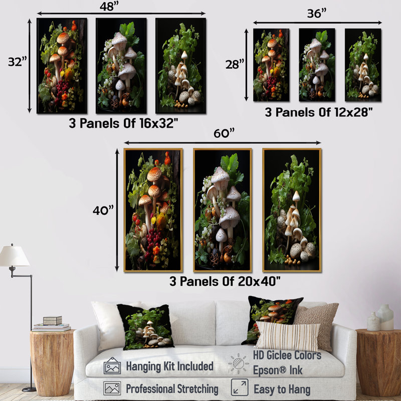 Panier de champignon, peinture I - champignon, art mural, ensemble de 3, Cadre flottant noir, H 28 po x l 36 po