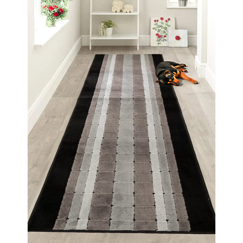 Custom Size Anti-Slip Latex Backing Machine Washable Medium Profile Cut Pile Geometric Squares Black Runner Rugs by Feet