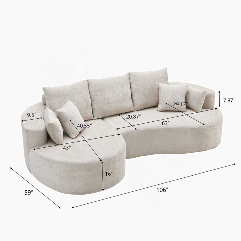 Canapé modulaire courbé en tissu deux pièces avec méridienne, pour salon, chambre à coucher et appartement, offrant une expérience d'assise luxueuse