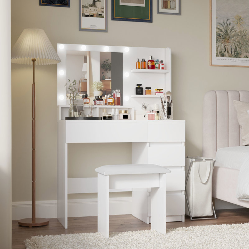 White Vanity Table With Mirror & , 3 Lighting Options, Spacious Shelves, Bedroom Desk Views, 4 Drawers, Sufficient Storage, Modern