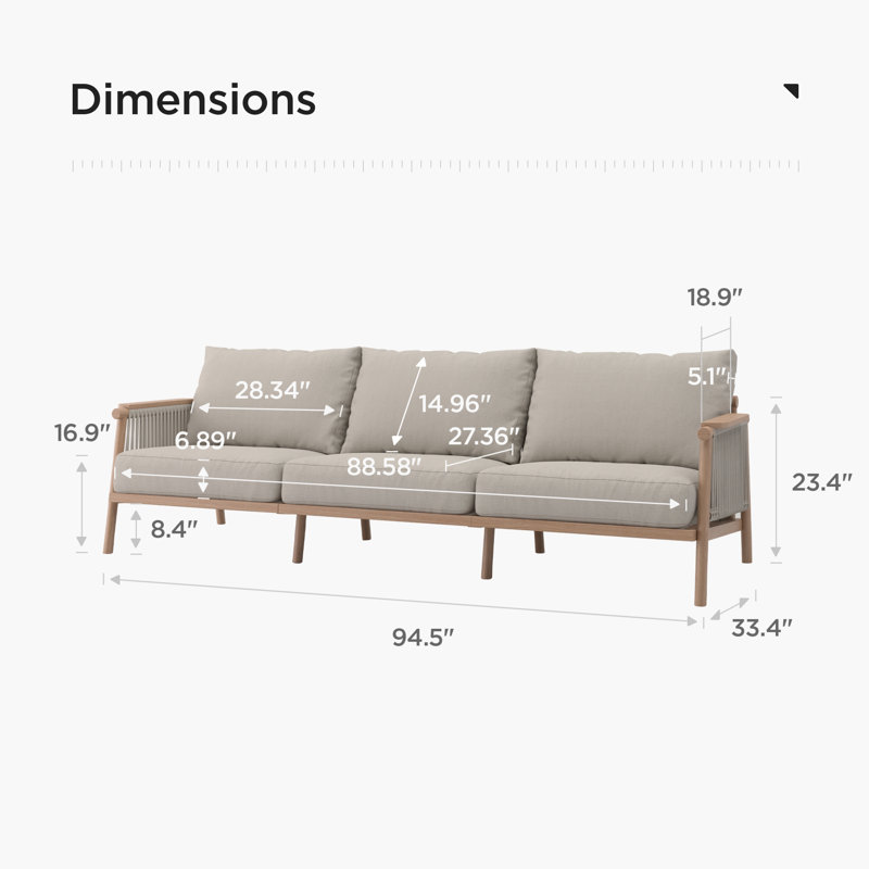 Canapé d'extérieur avec coussins Jeneya, 23.4" H x 94.5'" W x 33.4" D