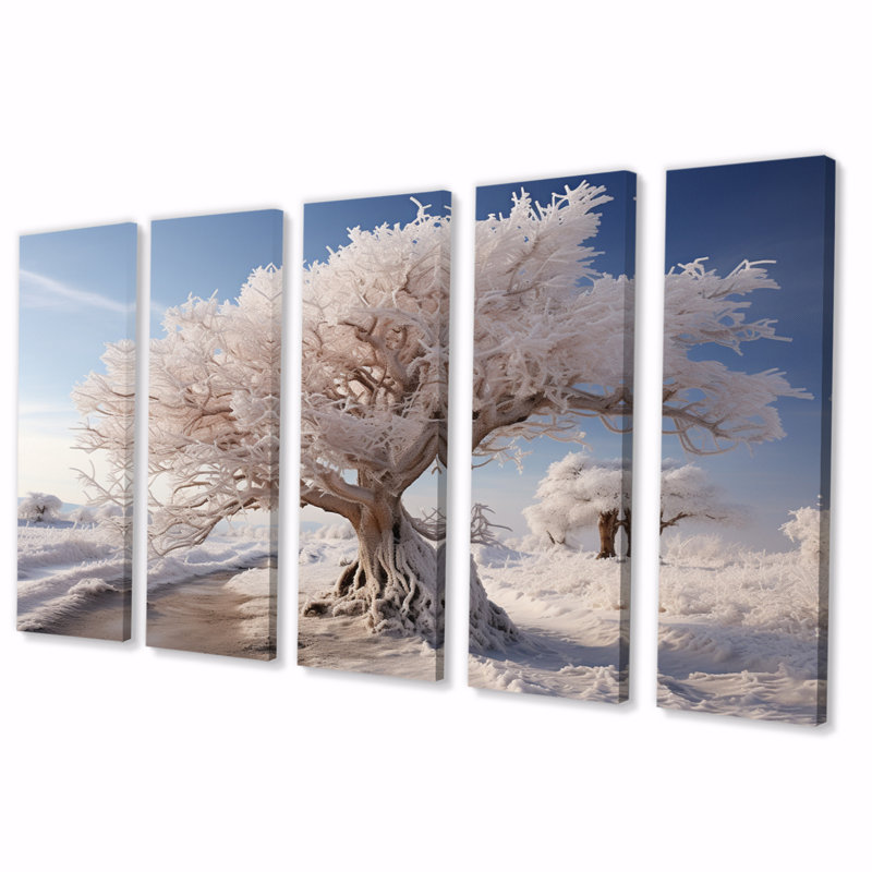 Arbre blanc en hiver, paysage III, impression d'art sur toile - 5 panneaux égaux