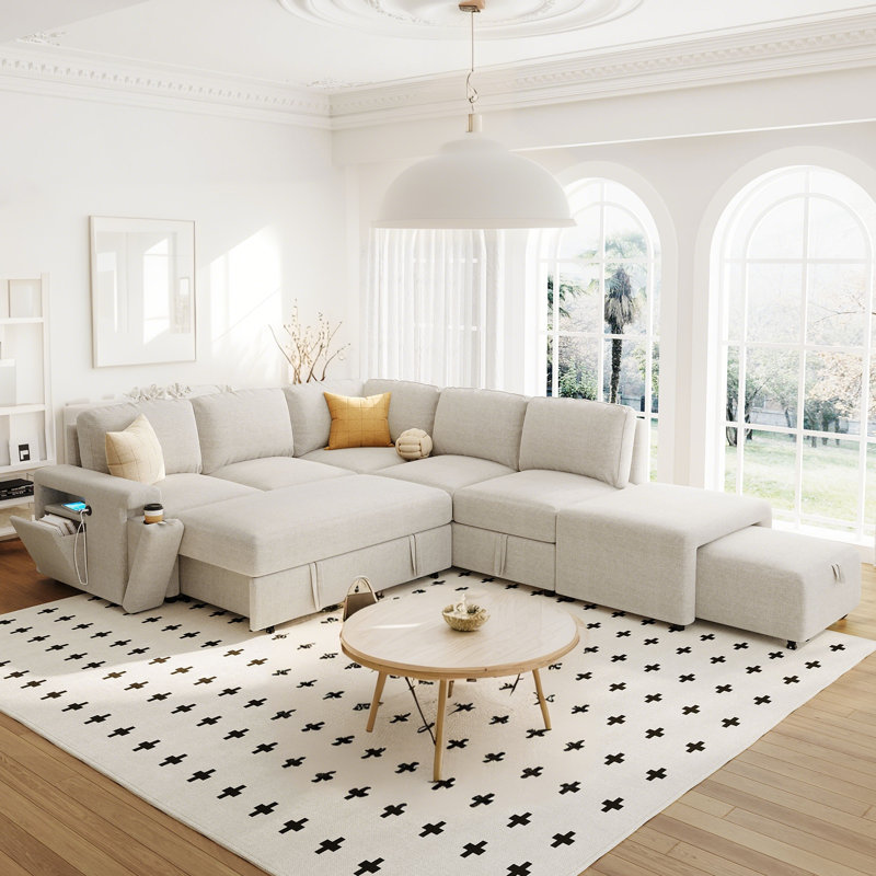 L-Shaped Padded Modular Pull Out Sofa Bed With Storage Space, USB Ports And Cup Holders On The Armrests, Beige