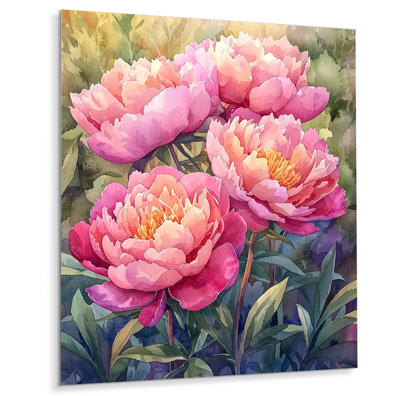Pivoines dans le potager III - pivoines, décoration murale en métal, reproduction d'art traditionnelle en métal