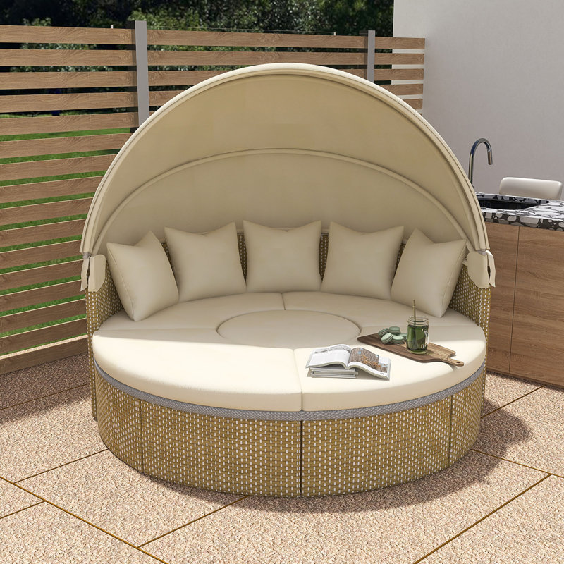 Lit de jour de patio rond en rotin tissé deux tons avec auvent rétractable et coussins, Beige