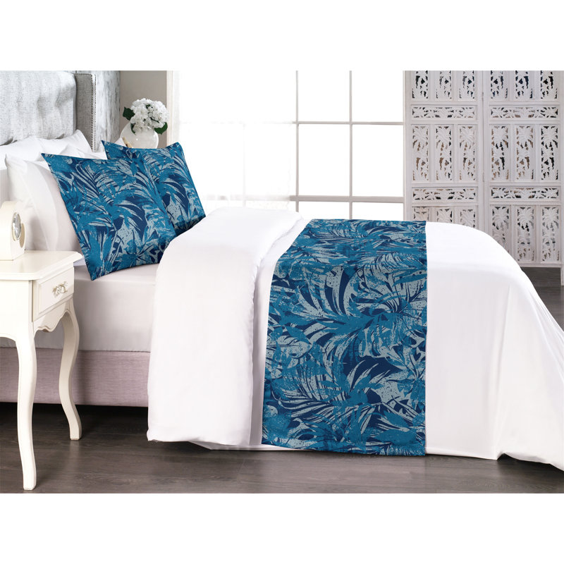 Ensemble de chemin de lit Ambesonne Aloha abstrait grunge feuilles de botanique indigo et bleu mer, Très grand lit