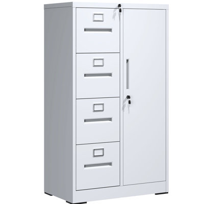 Office - Suitable Vertical Metal File Cabinet In White With 4 Drawers And Lock Cold Rolled Steel, Adjustable Hanging, Clothing Storage