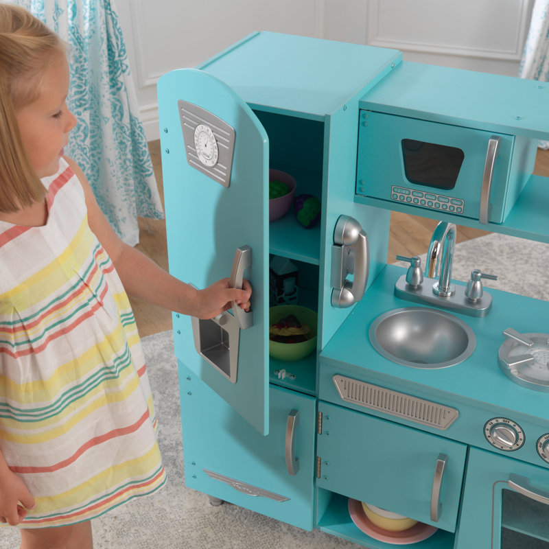 Vintage Wooden Play Kitchen with Ice Maker and Play Phone, Blue