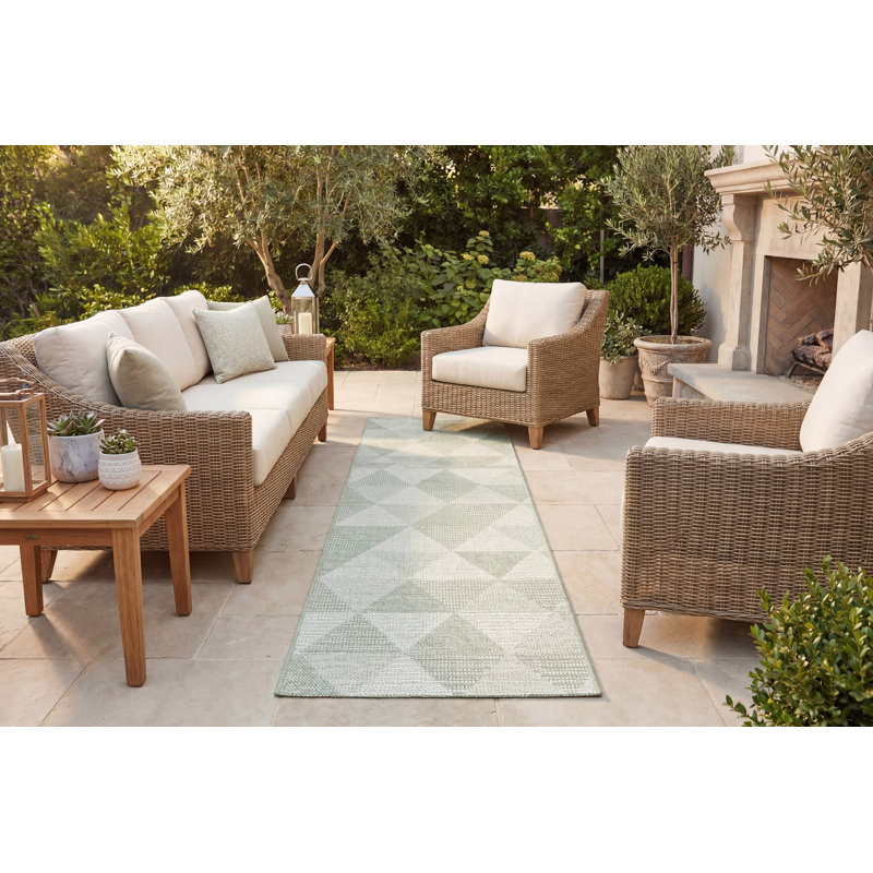 Tapis intérieur / extérieur à motif géométrique gris / blanc / vert Mori, Tapis de couloir : 2 pi 2 po x 7 pi 7 po