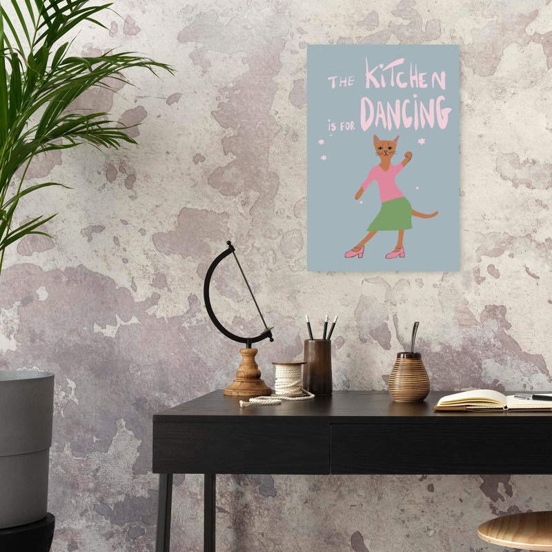 Chat dansant dans la cuisine, style abstrait et fantaisiste, avec un chat dans un paysage naturel - Affiche murale