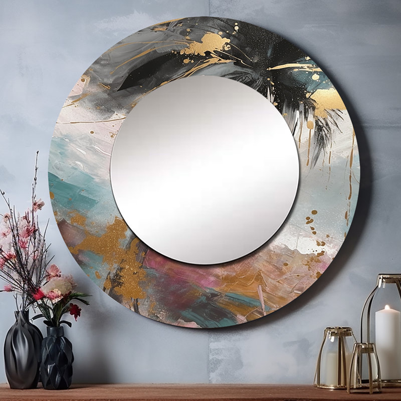 Quilliams noir élégant palmiers I - miroir de feuilles, miroir mural rond noir unique, impression d'art en métal
