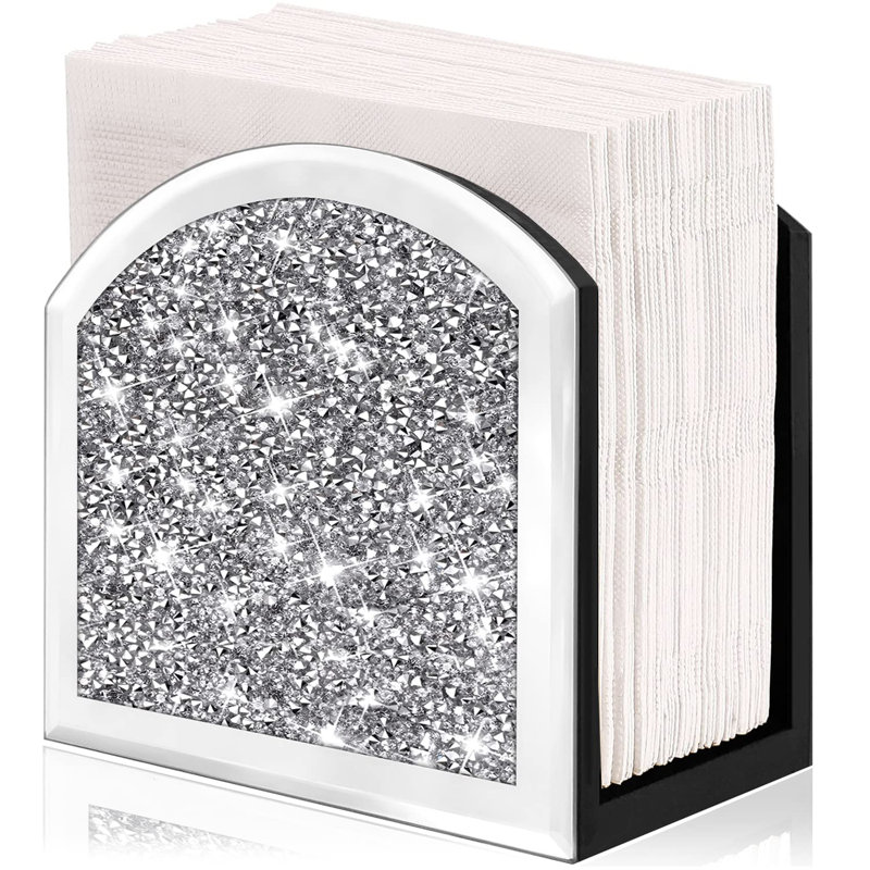 Napkin Holder,Crystal Crushed Diamond Vertical Holder,Cute Glass Mirror Napkin Holder For Counter Or Table.(5.9”X5.9”X3”)