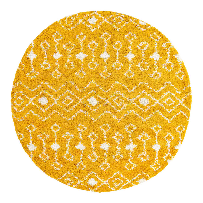 Tapis jaune à motif géométrique Griego, Rond 7 pi 10 po