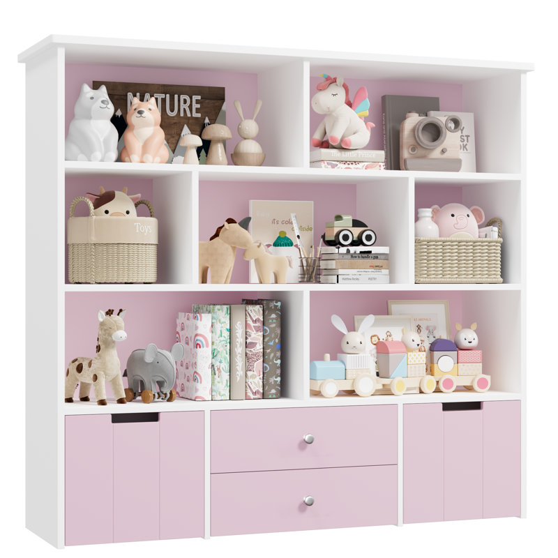 Kids Bookcase with 4 Removable Drawers, 4-Tier Cube Bookcsae, Storage Bookshelf