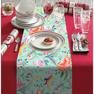 Decozen Naida Floral Table Runner in Chintz Green and Pink for Dining Table and Christmas Decor
