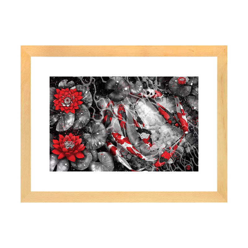 " 9 Kois " by Marine Loup, White, 16" H x 24" W x 1" D, Beige Wood Framed Paper
