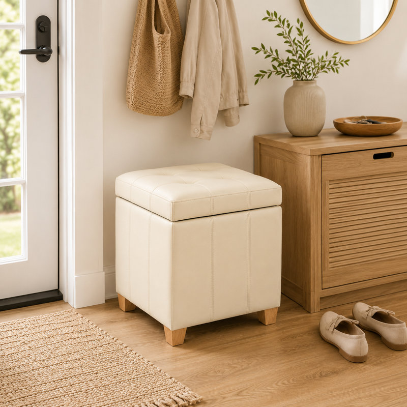 Repose-pieds carré avec rangement capitonné 17,5 po, Similicuir blanc cassé, Natural Wood