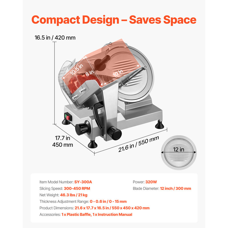 Commercial Meat Slicer, 320W Electric Deli Food Slicer with 12" Carbon Steel Blade, Built-In Sharpener & 0-0.6" Adjustable Thickness for Frozen Meat, Ham, Baguett, Steak, UL Approved
