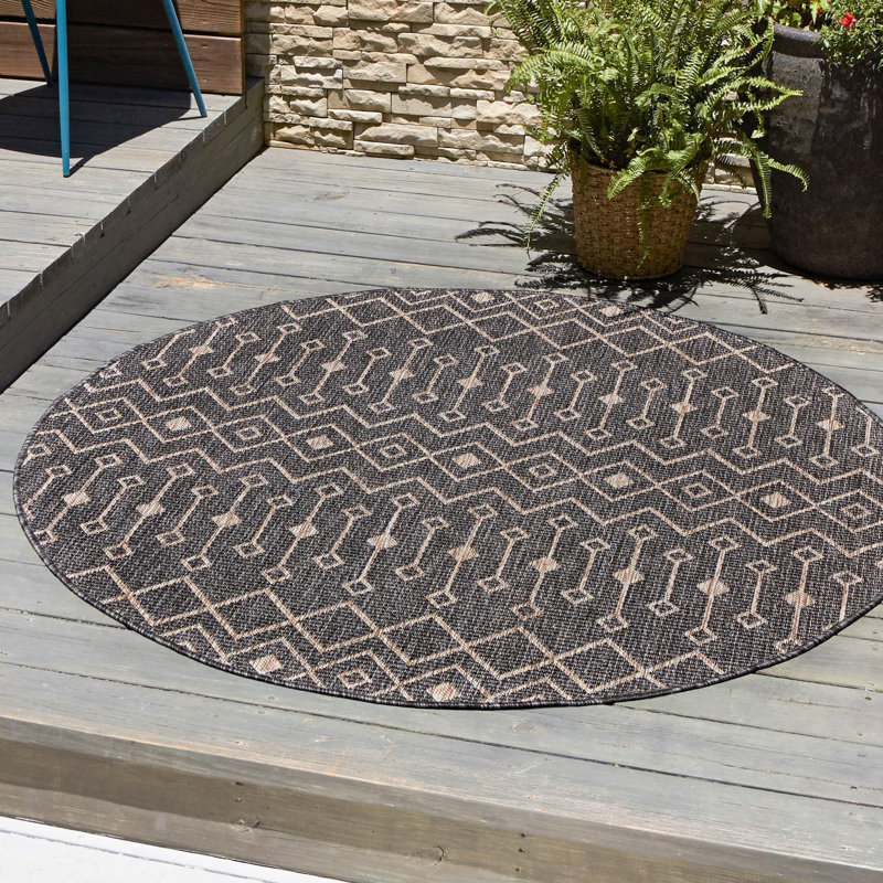 Tapis intérieur / extérieur gris anthracite Leyla, Rond 7 pi 10 po
