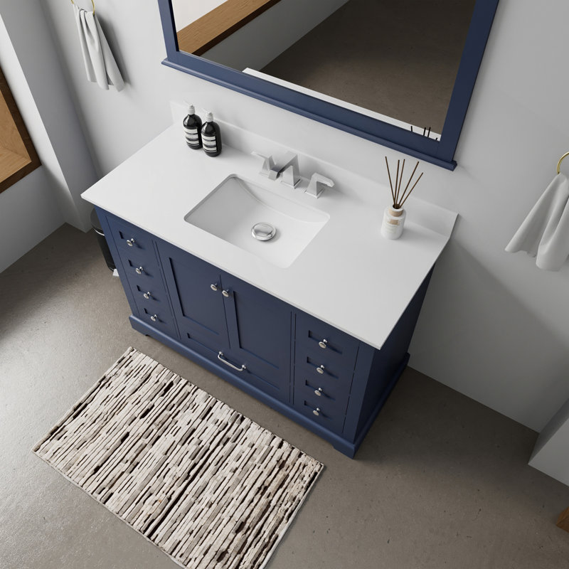 Meuble-lavabo simple bleu marine 48 po X P 22 po D, plateau en marbre de culture et Miroir