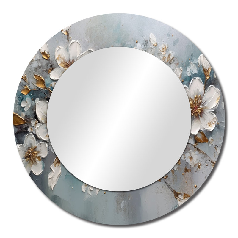 Odilon White And Gold Daisy Symphony III - Daisy Large Mirror, Traditional Round Unique Wall Mirror Decor, Printed Metal Art