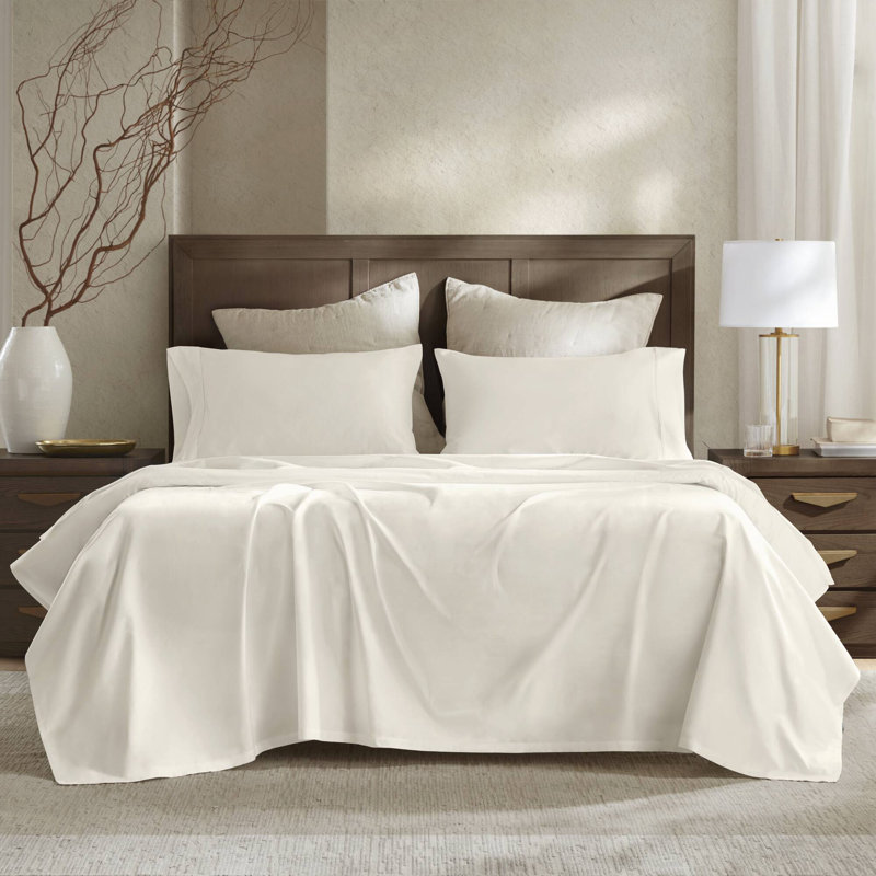 4 Pieces Sateen Sheet Set, King Sheet Set with 2 Pillowcases, Ivory