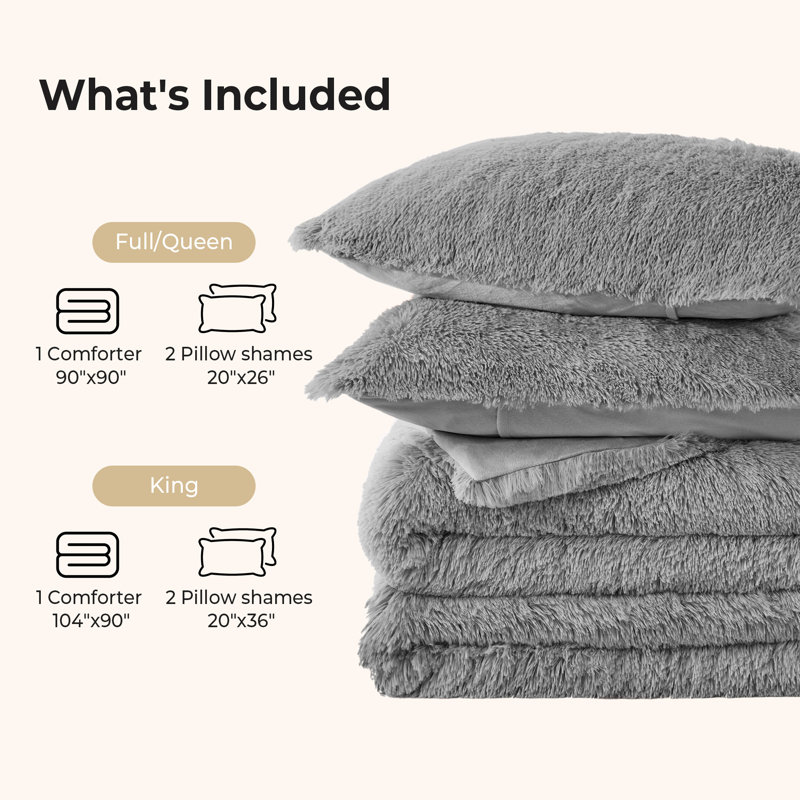 Fluffy Winter Faux Fur Warm Soft Plush Bedding Comforter Set, Beige, King Quilt + 2 King Pillowcases