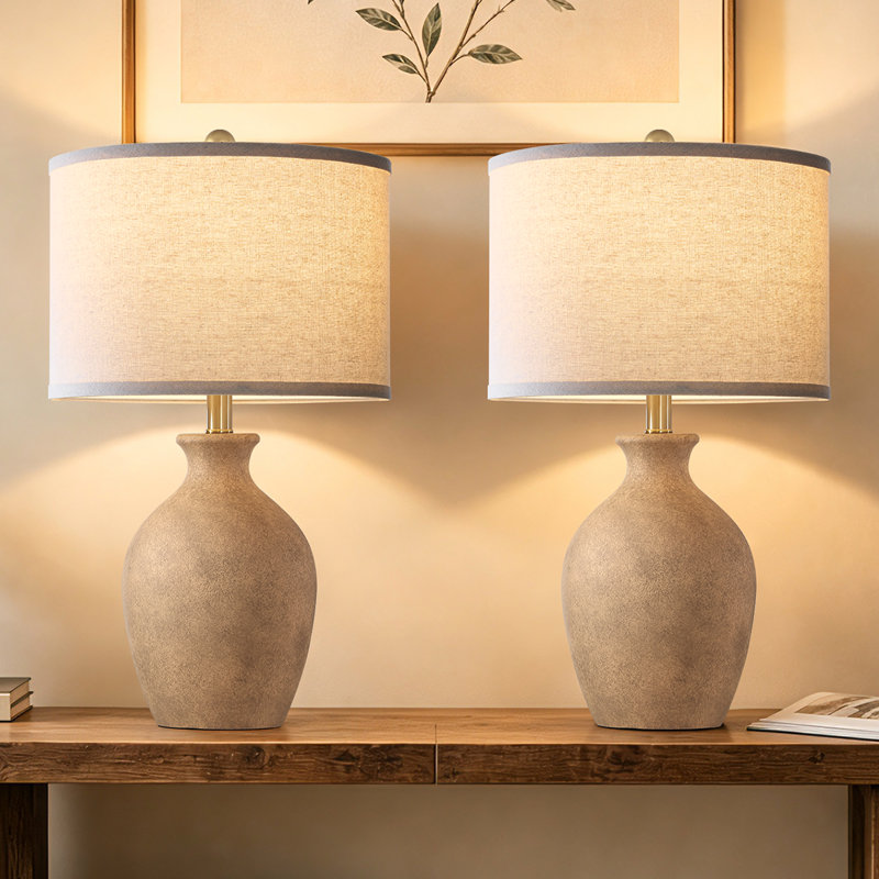 Lampes de table en céramique vieillie de 61 cm (24 po) avec abat-jour en lin, style campagnard, comprenant 2 ampoules DEL (ensemble de 2)