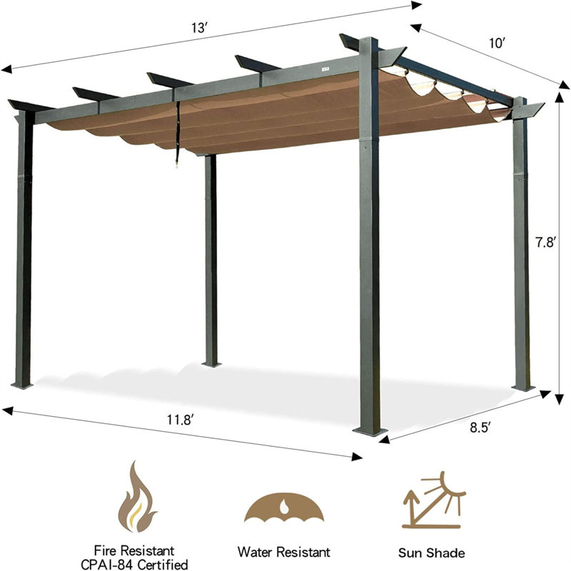 Aluminum Retractable Perla with Sun Shade Patio Gazebo with WeatherResistant Canopy, 93.6" H x 156" W x 120" D, Dark Gray
