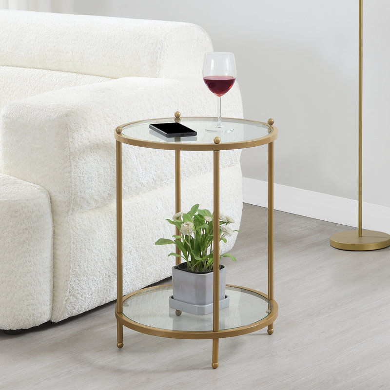 Carolina Round Glass End Table with Metal Shelf, Bronze Gold