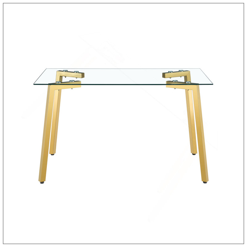 Table de salle à manger rectangulaire moderne en verre de 130 x 80 x 75 cm, avec pieds trempés et dorés transparents, convenant parfaitement aux petits espaces. Table de salle à manger de 130 x 80 x 75 cm