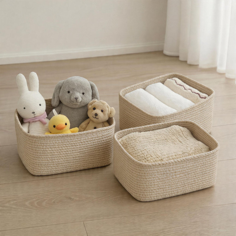 3-Piece Cotton Rope Storage Basket Set, Rectangular Woven Shelf Bins with Handles, Beige